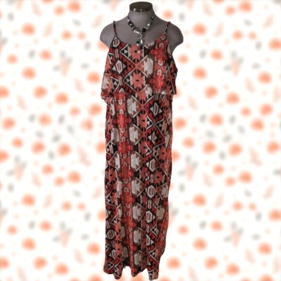 TIE BACK ☆ TRIBAL PRINT FLOUNCE RUFFLE BUST ☆ MAXI~DRESS ☆ NWT - Picture 2 of 10